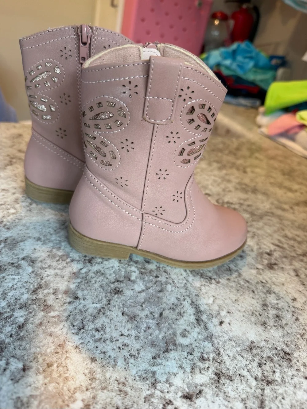 Toddler Girls Pink Western Cowboy Boots with Glitter Detail - Size 7